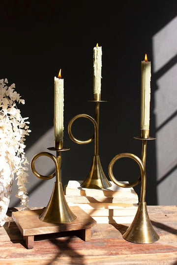 Antique Brass Trumpet Candle Holders (Set of 2)